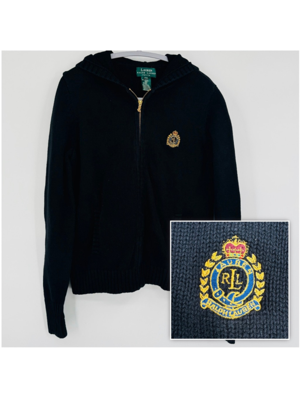 Vintage Lauren Ralph Lauren Black Knit Full Zip Hooded Sweater, Size M